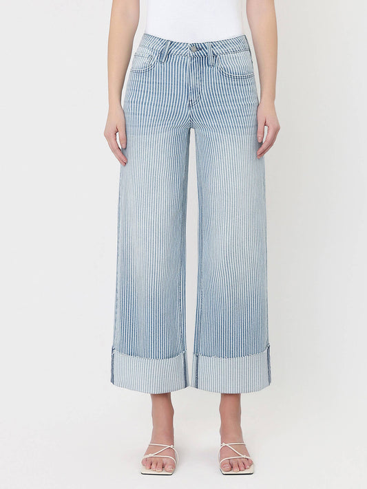 Pinstripe Cuffed Wide Leg Jeans by Flying Monkey